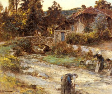Lavanderas en un arroyo con edificios más allá de las escenas rurales campesino Leon Augustin Lhermitte Pinturas al óleo